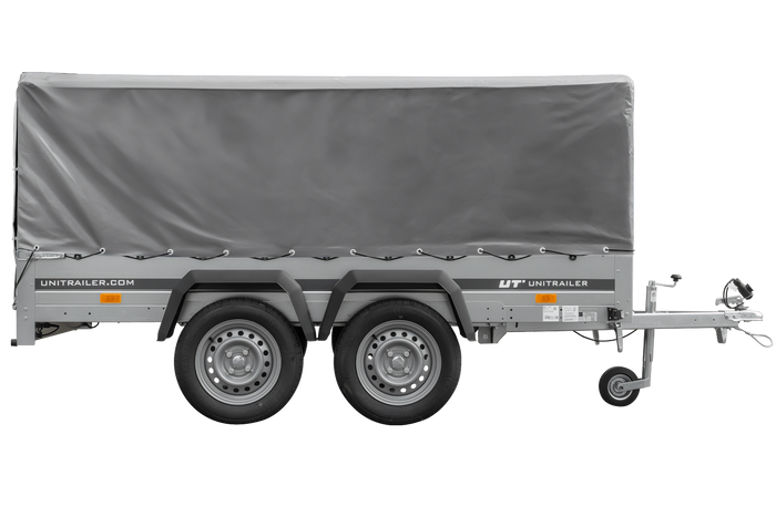 REMORQUE DOUBLE ESSIEUX UNITRAILER 264/2 KIPP AVEC ROUE JOCKEY, ARCEAU ET bâche GRISE