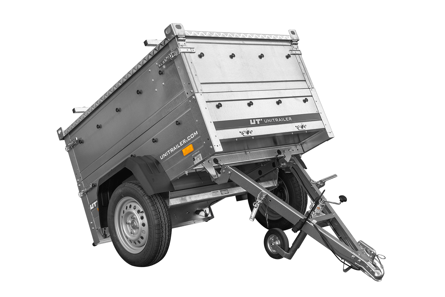 Remorque un essieu 150x106 UNITRAILER GARDEN 150 KIPP avec côtés, ridelles supplementaires et capot en aluminium